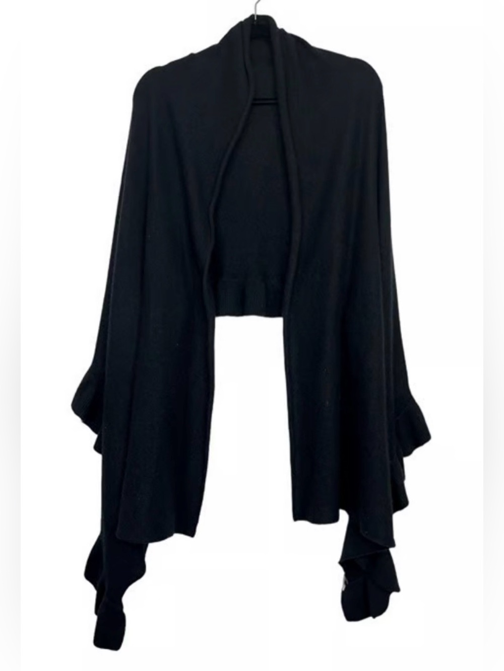🖤 Saks Fifth Avenue 100% Cashmere Black Ruffle-Trim Open Front Wrap 🖤